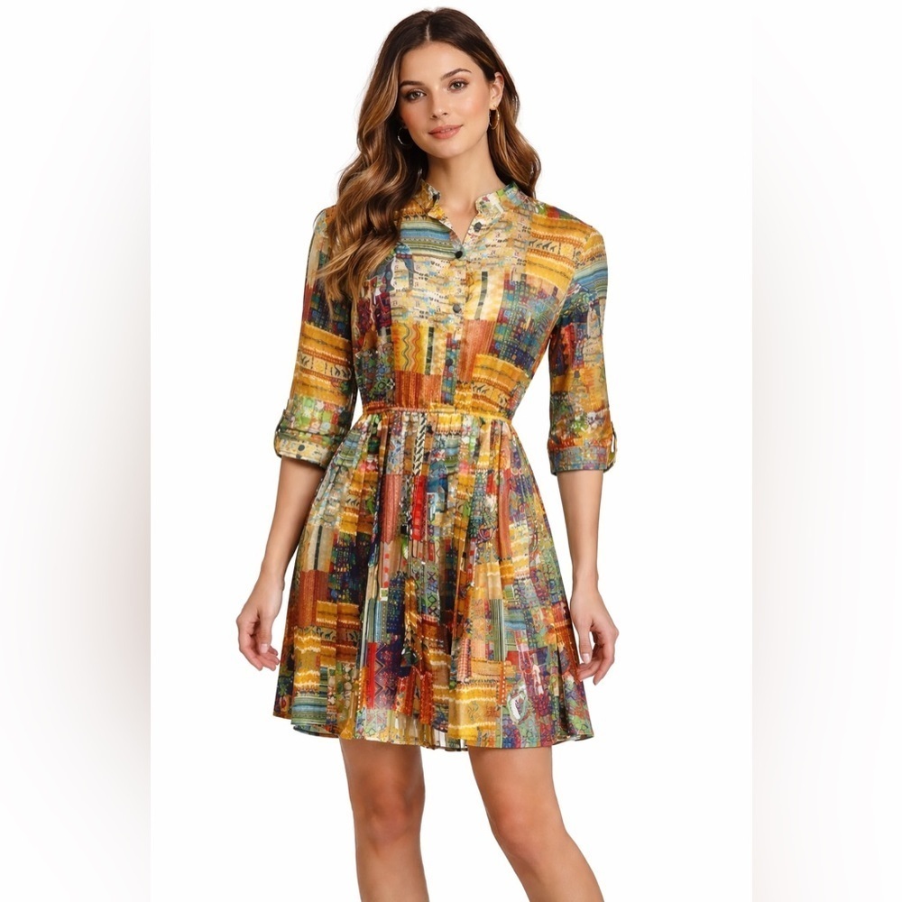 Vintage Style Boho Patchwork Midi Dress Long Sleeve L